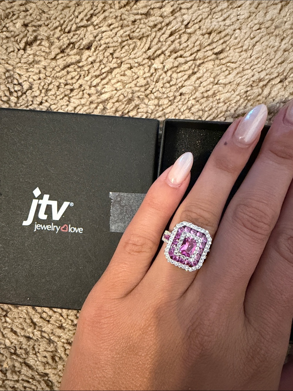 JTV Pink Cushion-Cut Halo Sterling Silver Ring